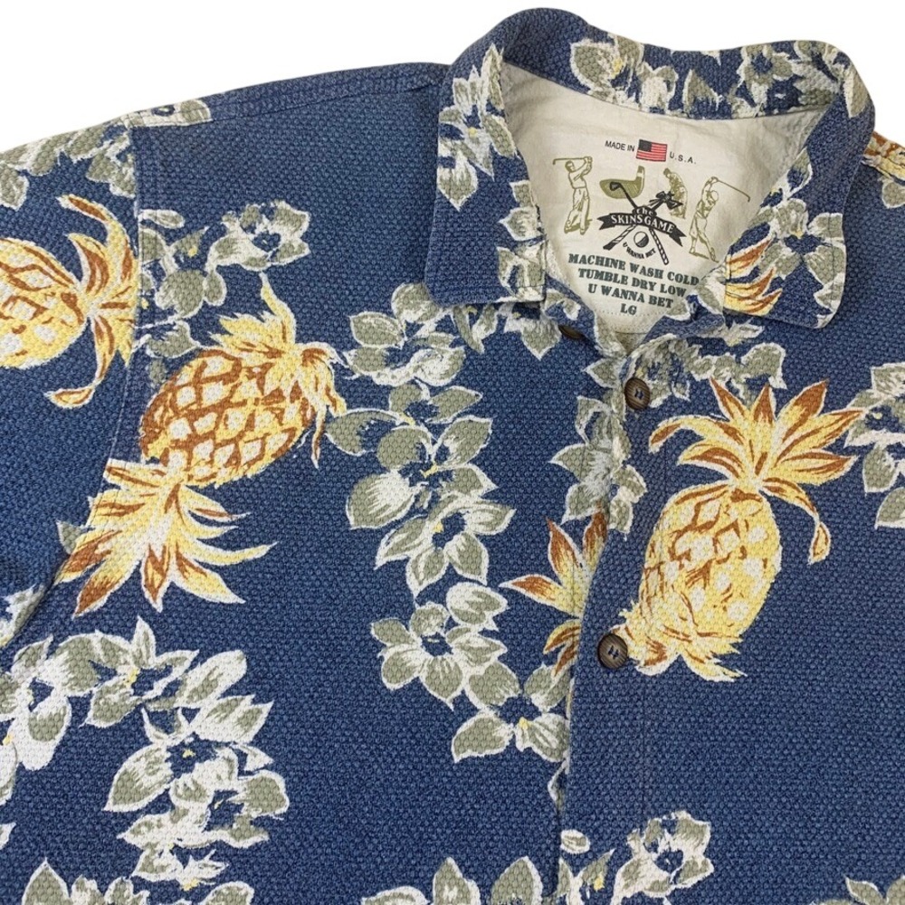 The Skins Game Shirt Mens Large Blue Pineapple Floral Hawaiian Aloha USA Y2K VTG